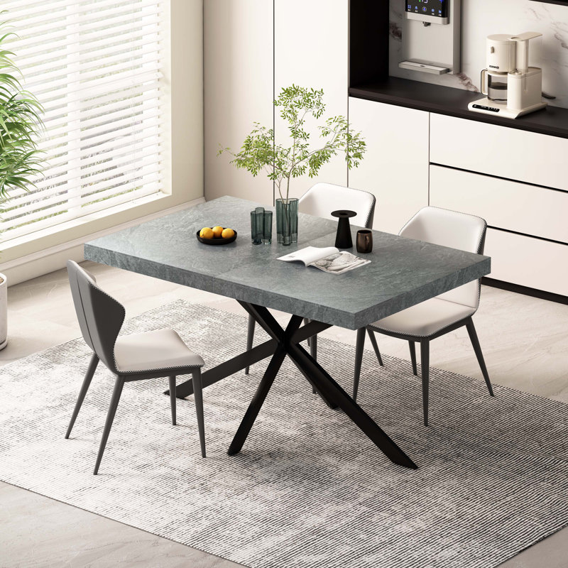 Rectangular Stretch Dining Table Grey stone Top And Black Relief Plate With Storage Box